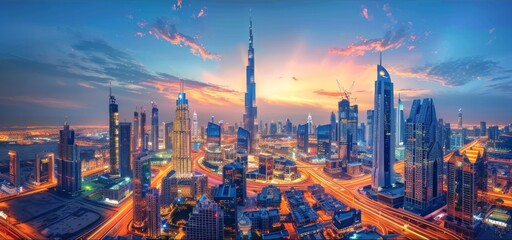 Obraz premium Panoramic City Skyline at Dusk, Towering Skyscrapers Below Bustling Streets Bathed in the Soft Hue of Twilight