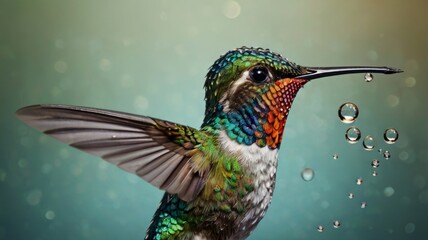 Fototapeta premium Hummingbird covered in water droplets, highlighting its bright and colorful appearance.