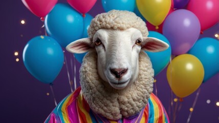 A sheep in a rainbow shirt holding balloons.