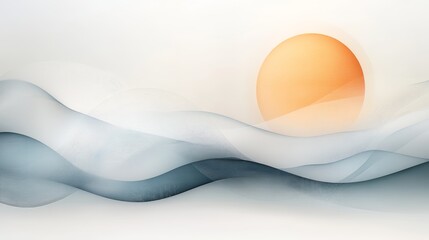 Abstract painting of a sunrise over a wavy, blue landscape.