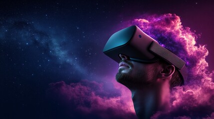 A man wearing VR headset looking up at a colorful nebulous sky.  The concept of virtual reality and the future.