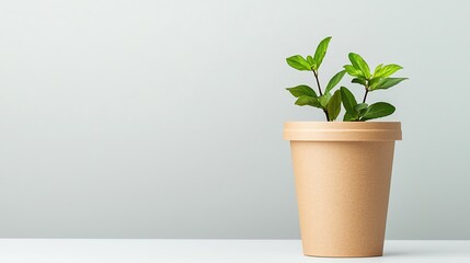 Fototapeta premium A minimalist plant in a clay pot, symbolizing growth and tranquility in a serene indoor environment.