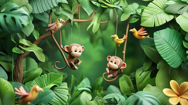 Fototapeta Playful cartoon animals frolic amidst blooming flowers in a lush green jungle garden