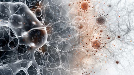Abstract medical illustration of cells and neurons in a network.  This image is perfect for depicting the complexities of the human body and the interconnectedness of its systems.