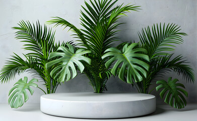 Fototapeta premium Minimalist circle podium and small monstera and palm leaf.