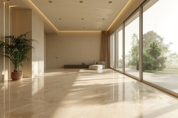 Modern interior design of apartment, empty living room with gray concrete walls, yard, panorama, Generative AI