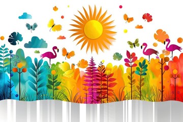 Obraz premium Colorful Summer Landscape with Flamingos and Sun