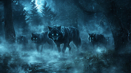 Pack of wolves with glowing eyes hunting in misty moonlit forest, eerie nocturnal scene with fog and shadows, wild predators in atmospheric nature setting