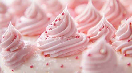 Pink frosted cupcakes with decorative sprinkles, featuring piped swirls of frosting