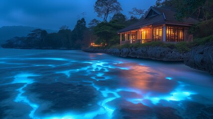 Obraz premium Serene Coastal Night With Bioluminescent Waves Near a Cozy Beachfront Cabin