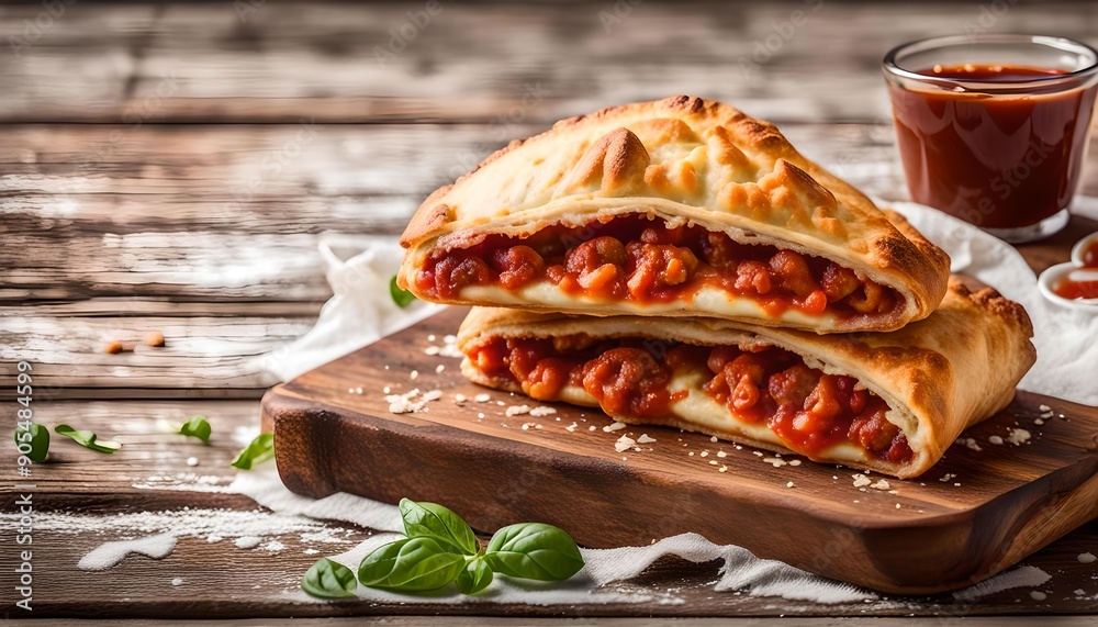 Wall mural Homemade Deep Fried Italian Panzerotti Calzone with sauce on a rustic wooden board on a white wooden background, side view. Space for text.
