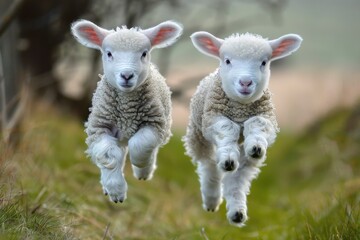 Obraz premium Lambs: Playful and Cute Newborn Baby Animals in a Spring Farm Setting