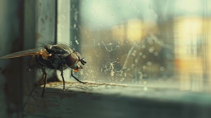 Close up photo of dead fly on window indoors