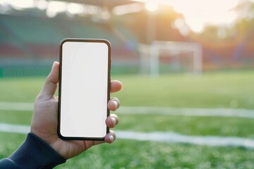 Hand holding smartphone with white screen mockup on background Soccer game bright blurred background