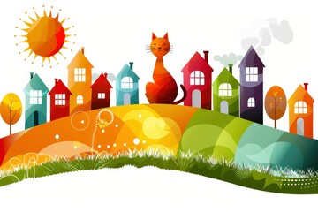 Colorful houses with a cat on a hill in a whimsical landscape