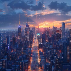 Obraz premium Panoramic City Skyline at Dusk, Towering Skyscrapers Below Bustling Streets Bathed in the Soft Hue of Twilight