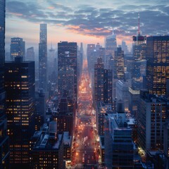 Fototapeta premium Panoramic City Skyline at Dusk, Towering Skyscrapers Below Bustling Streets Bathed in the Soft Hue of Twilight
