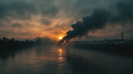 Obraz premium Sunset over a river with smoke from industrial chimneys, featuring the sun, smoke, river, trees, and factory