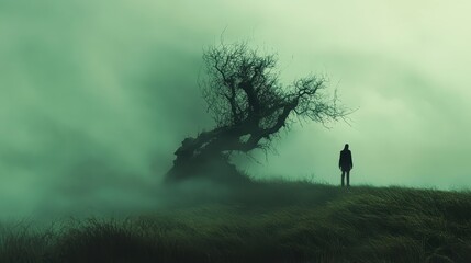 Solitary figure standing on a grassy hill, with a stark, leafless tree to the left and a dense fog enveloping the scene. The colors are muted with a monochromatic green palette