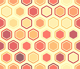 Mosaic background. Bold rounded hexagons mosaic cells with padding and inner solid cells. Large honeycomb cells. Multiple tones color palette. Seamless pattern. Tileable vector illustration.