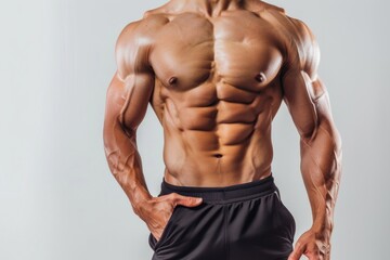 Fototapeta premium Male abdominal muscles, Bodybuilder shows abs, White background