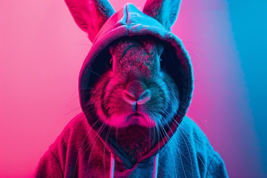 Bunny in hoodie, fashion portrait in pink and blue neon colors created with ai