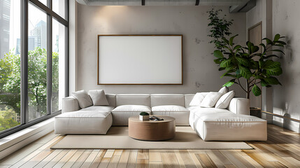 Fototapeta premium A modern living room with a large sectional sofa, a wooden coffee table, and a large framed artwork. The room is decorated in a minimalist style with light colors and natural textures.