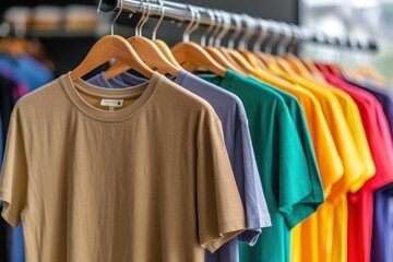 plain t-shirts of different colors hang on a hanger