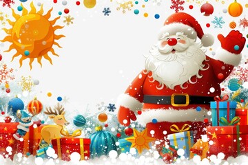 Festive Christmas Border with Santa Claus, Reindeer, and Gifts