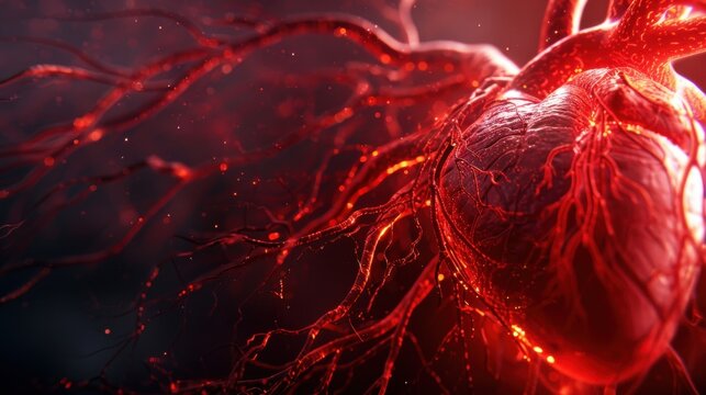 An angiography image illustrating the blood vessels of the heart, highlighting the coronary arteries with precise detail, set against a dark background to enhance the visibility of the vascular