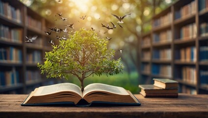 The concept of education by planting knowledge trees and birds flying to the future to open old books in the library, beautiful blurred background