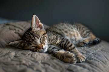 A cute tabby kitten peacefully sleeping on a cozy blanket.