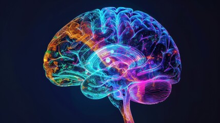 An abstract medical image showing a conceptual representation of the human brain, using vibrant colors and intricate patterns to depict the neural networks and cognitive functions, set against a dark