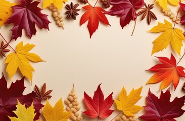 Autumn seasonal background frame with falling autumn leaves and room for text. illustration