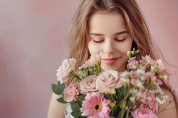 Fototapeta premium Portrait of a young beautiful girl receiving a bouquet of fresh spring flowers for the holiday. A gift from a loved