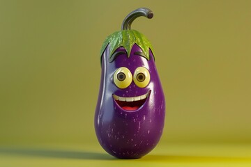 Smiling eggplant cartoon character in 3D style, with a glossy purple skin and a green top , generated by ai