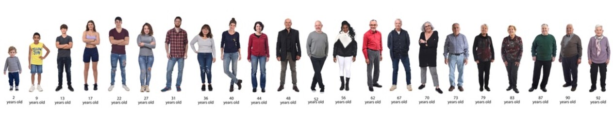 Fototapeta premium line of group of people of different ages from a child to an elderly woman on white background,with text indicating the ages of each person