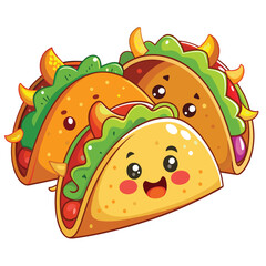 Three Cartoon Tacos with Happy Faces and Toppings