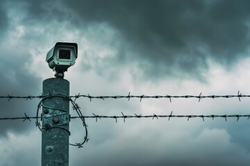Obraz premium Security Camera and Barbed Wire Against Moody Sky