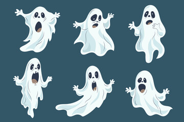 Doodle cute hand drawn ghosts halloween vector illustration set Happy phantom character design elements Isolated october holiday spooky mascot with emotion expression Funny spirits with different face