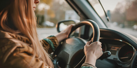 Woman Holding Steering Wheel While Driving in the City. Focused on Road Safety in an Urban Environment. Navigating Traffic with Care and Responsibility.