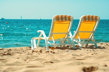 Sun Chairs on the sandy beach near the sea. Summer holiday and vacation background