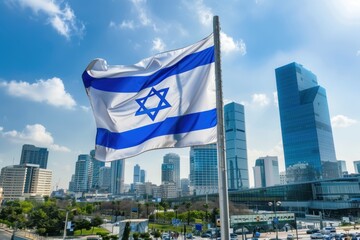 The flag of Israel, featuring the Star of David, waves prominently against a backdrop of modern city building