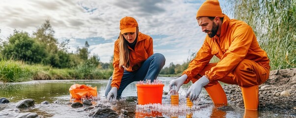 Environmentalists pollution samples in a river, investigation, ecology