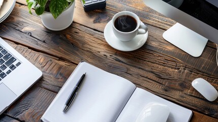 Workspace with Laptop, Coffee, and Notebook