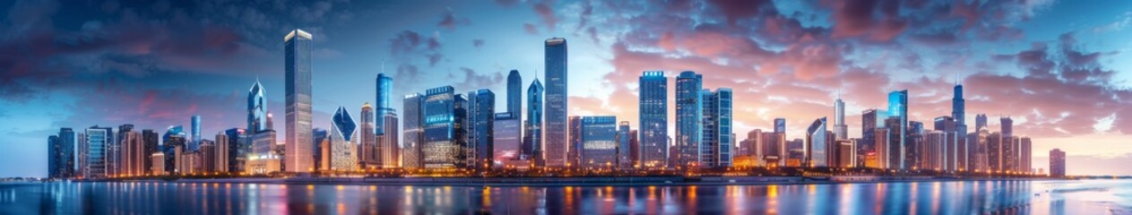 Obraz premium Panoramic City Skyline at Dusk, Towering Skyscrapers Below Bustling Streets Bathed in the Soft Hue of Twilight