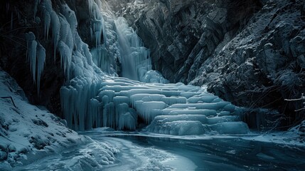 Frozen waterfalls cascading down icy cliffs, creating a stunning winter scene.