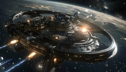 Futuristic Space Station Orbiting a Planet