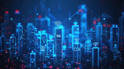 Cityscape with 5G network icons and digital waves, representing the ultra-fast communication speeds and widespread connectivity of next-generation technology. 