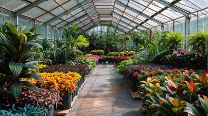 The interior of a greenhouse filled with a variety of plants and flowers.